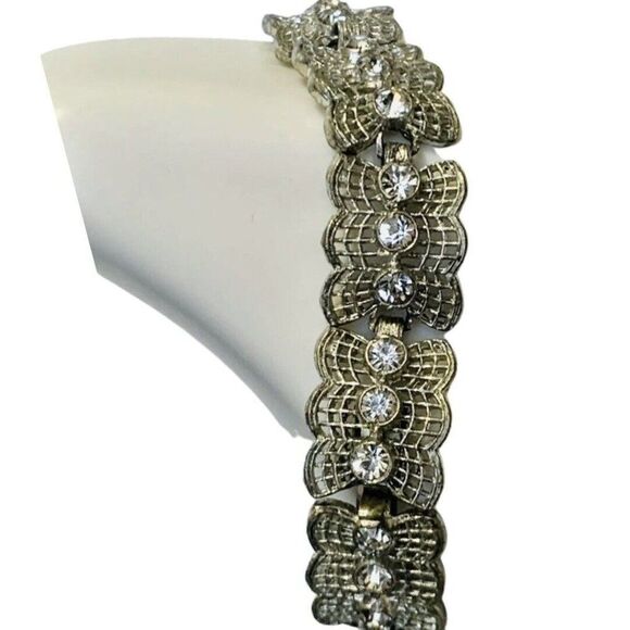 Vintage Shimmer Crystal Silver Tone Lace Webbed Metal Chain Link Bracelet 7.5” - Picture 4 of 7